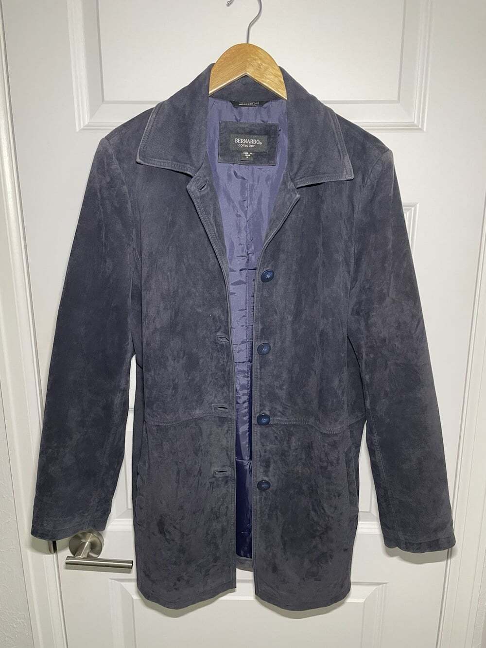 Nordstrom Bernardo Women M Blue Washable Suede Leather Coat Long Jacket Vintage